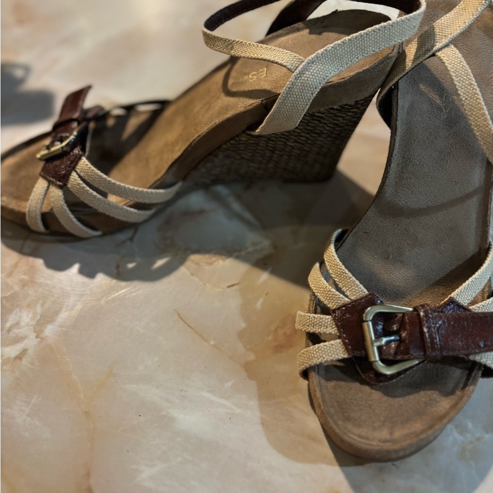 Tan and Brown Wedge Shoes with Adjustable Straps